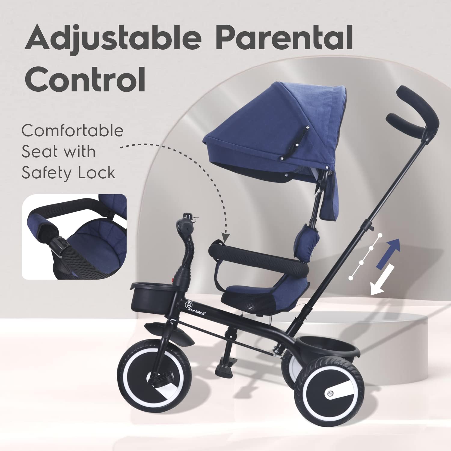 Rabbit Tiny Toes T30 Ace multi-stage tricycle for kids with dark blue padded seat, adjustable canopy, and parent steering handle. www.usmile.toys